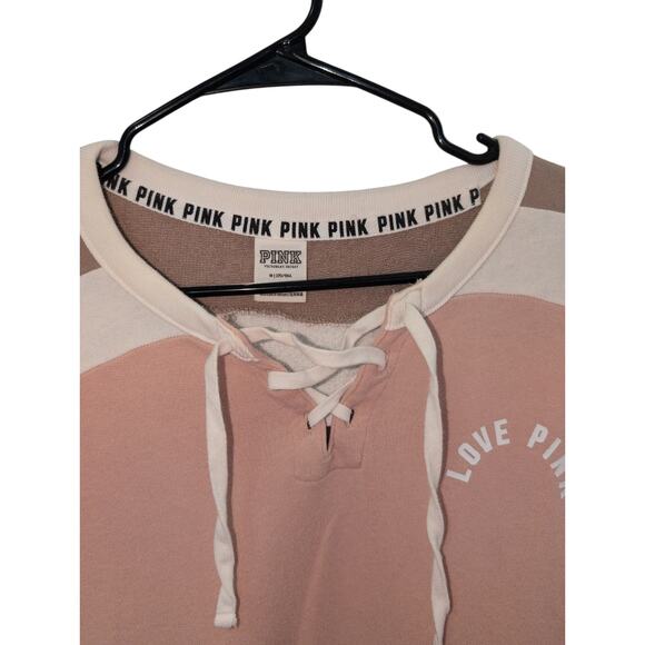 Victoria’s Secret PINK Colorblock Brown Lace-Up V-Neck Sweatshirt Size M - Picture 2 of 3